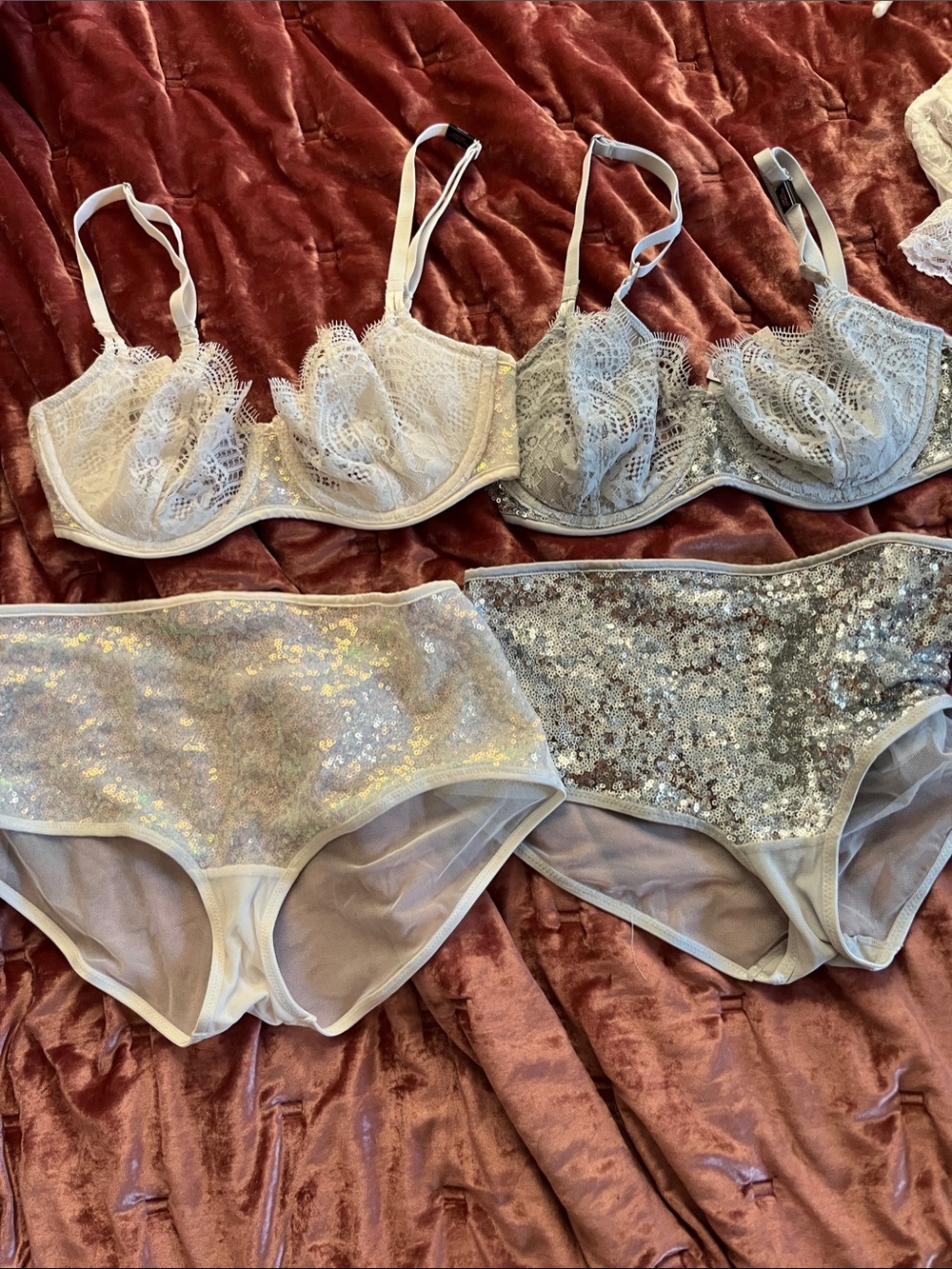Victoria's Secret White and Silver Lace & Sequin Bra Set
